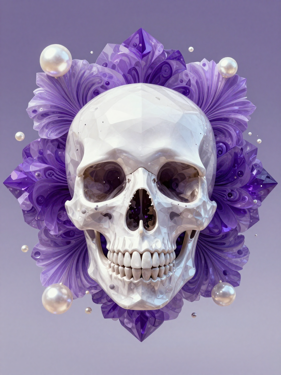 A Crystal Skull depicted in an Interdimensional Polygon Bloom, where th…