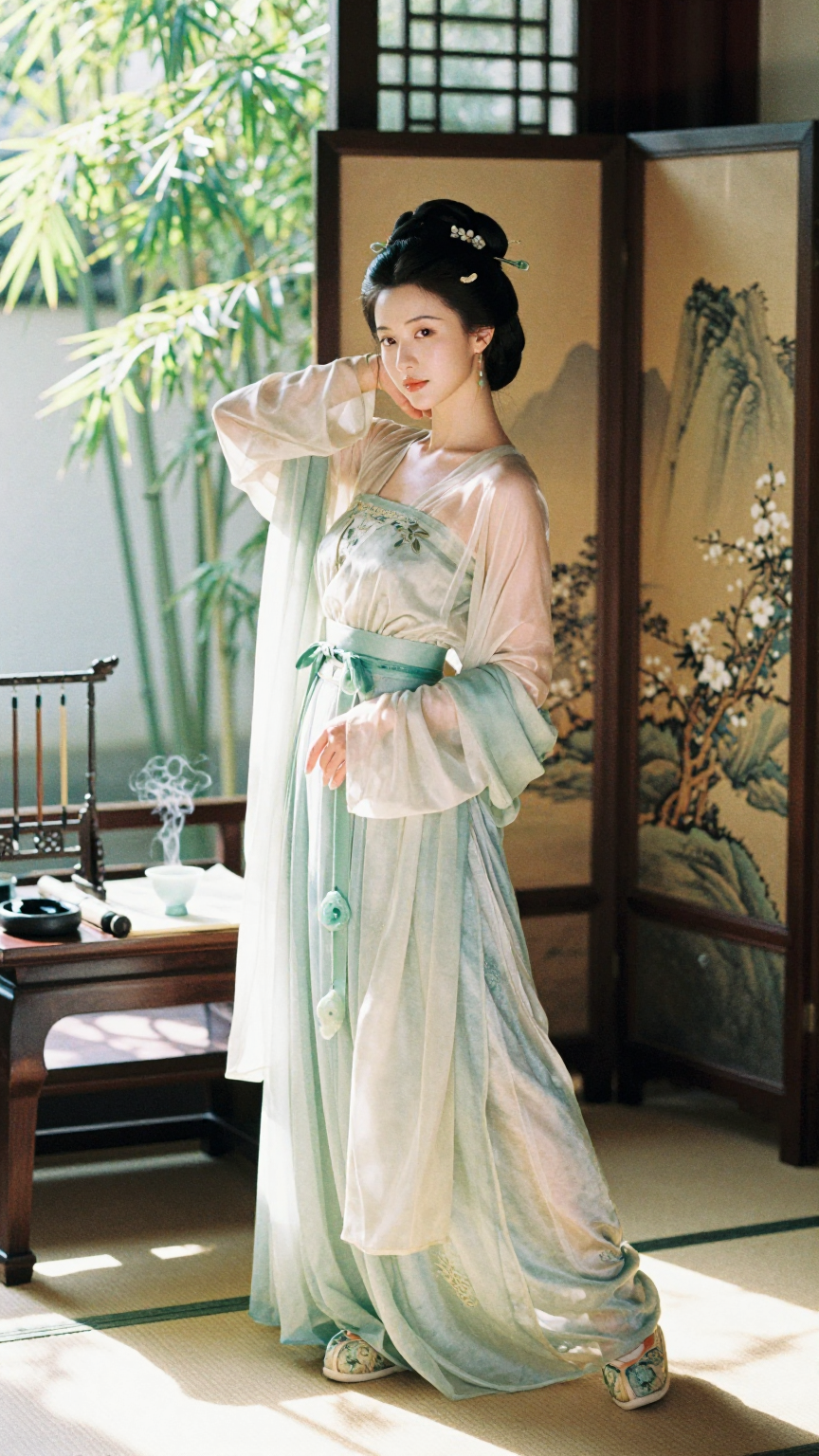 Realistic film photography, full-length standing portrait of a beautifu…