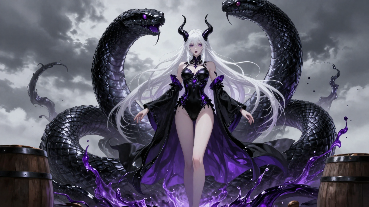 A pale, ethereal succubus with long white hair and sharp horns commands…
