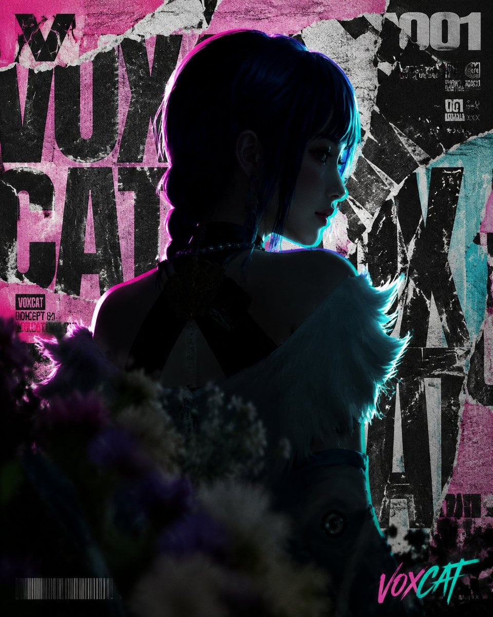 原创 VOXCAT 成年角色作为高概念科幻人物肖像，衣服吊牌写 VOXCAT，左上角 stylized V + 猫元素 logo，右下角 vo…
