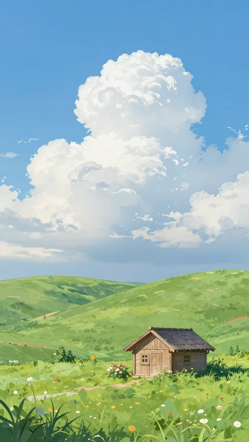 A lush, rolling green hill under a vast blue sky with fluffy, towering …