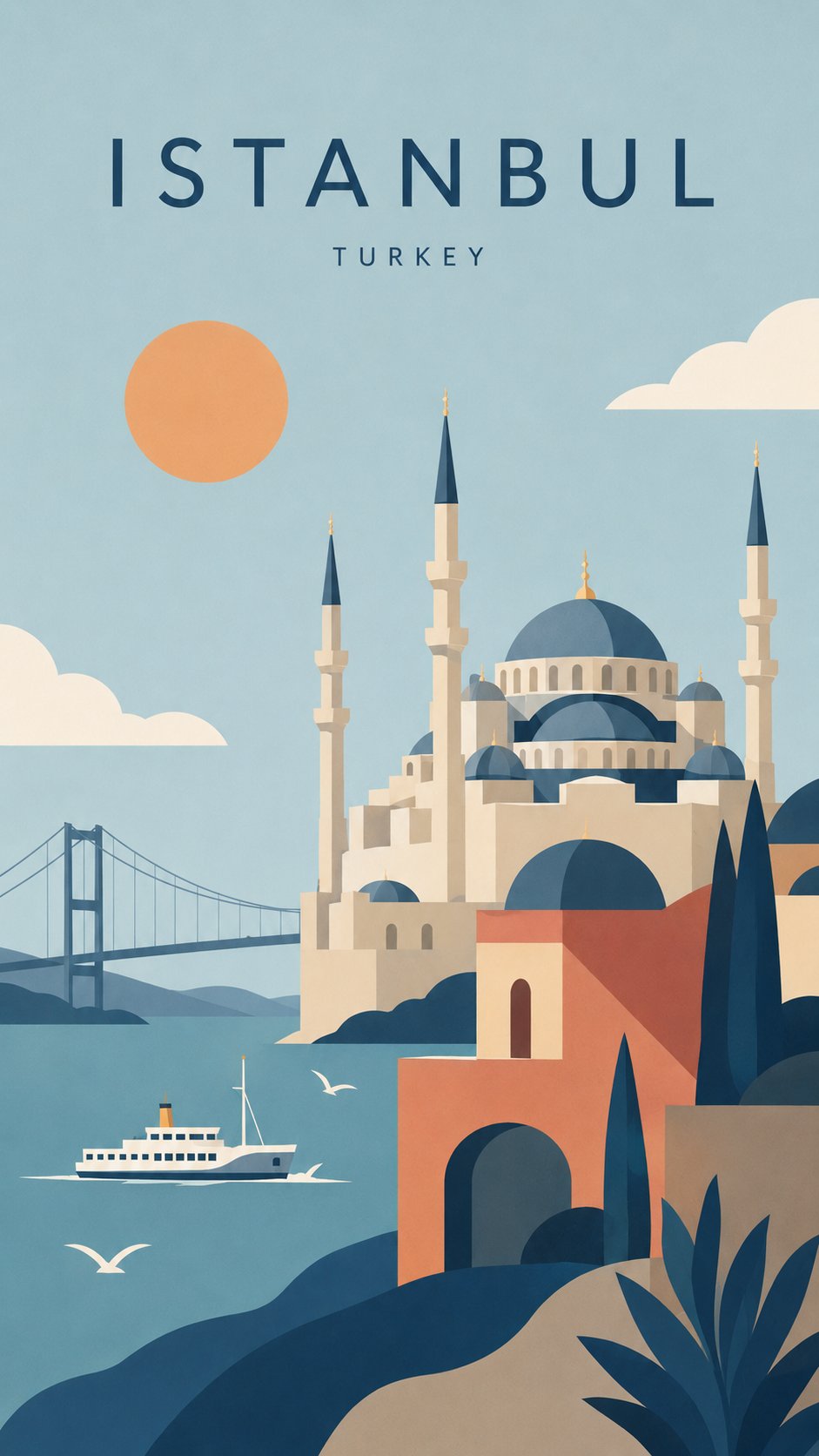 Create a premium editorial travel illustration of [CITY NAME] using a m… 2