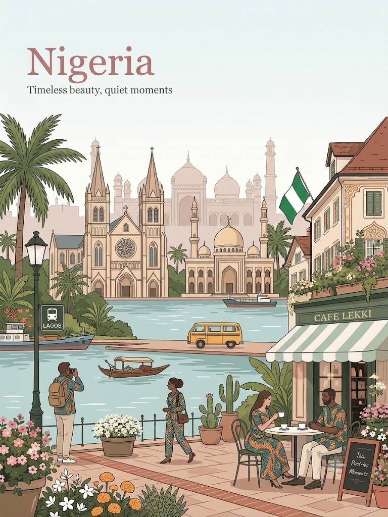 Create a vintage-inspired travel poster in a clean flat-color illustrat… 1