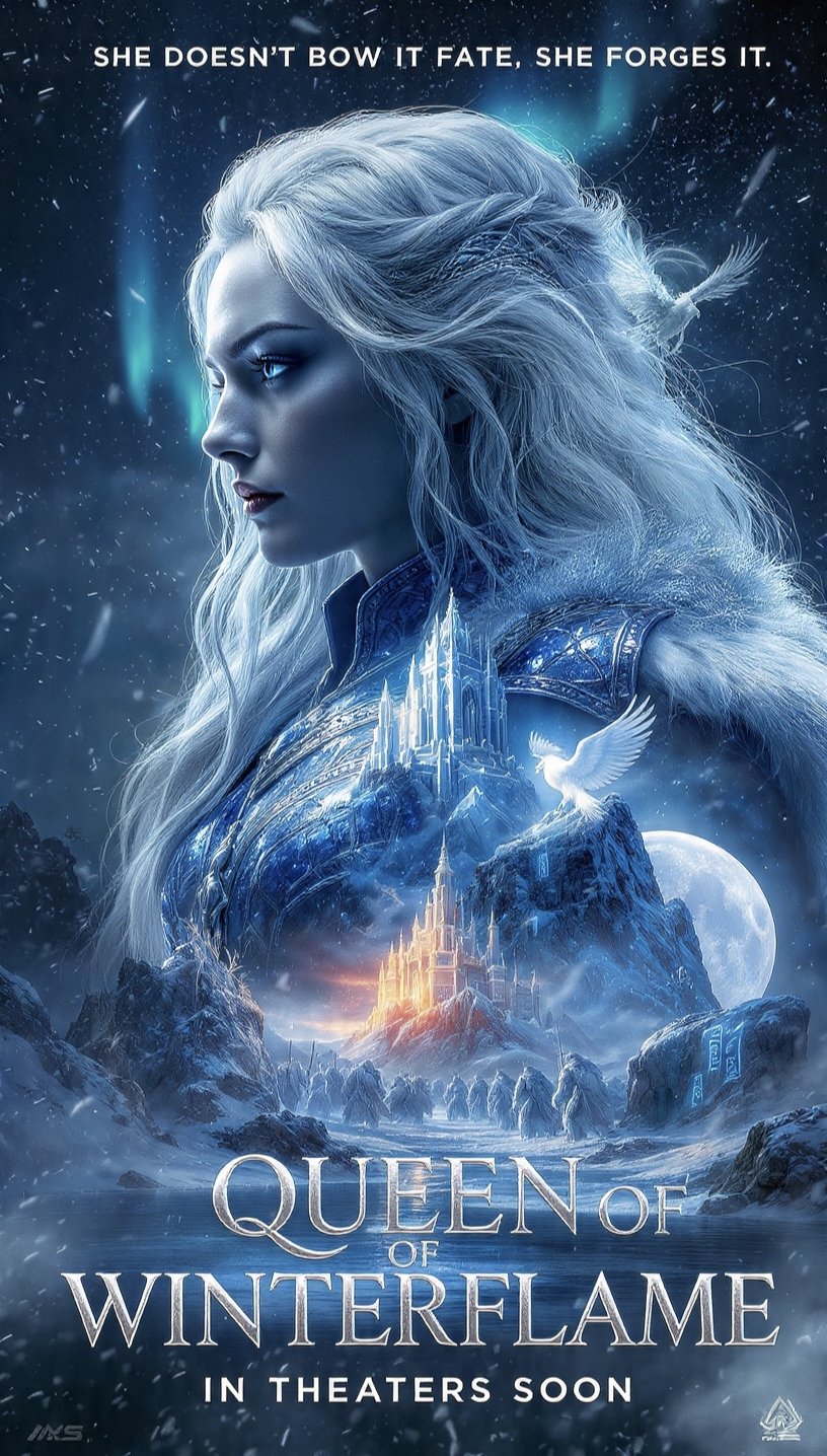A cinematic fantasy movie poster for "Queen of Winterflame," featuring …