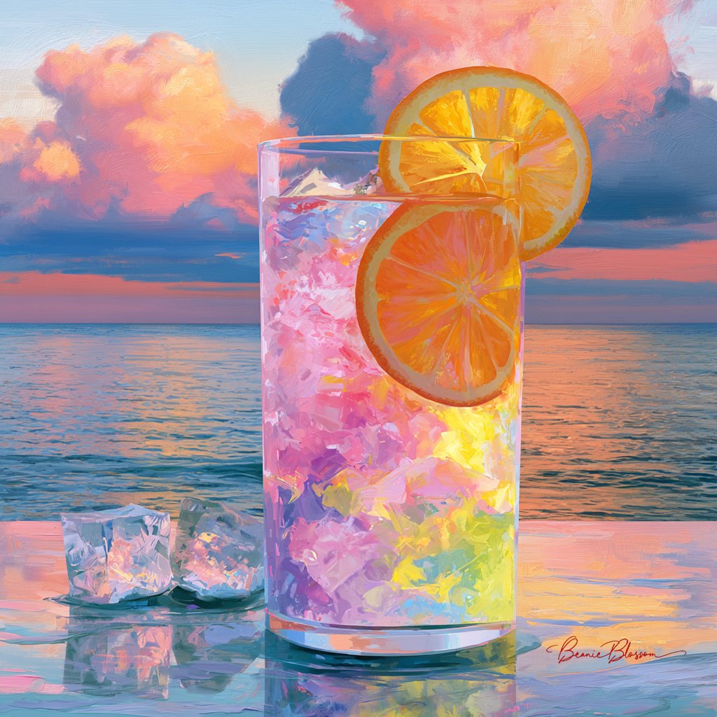 a digital painting showcasing a glass of a cold beverage filled with ic…
