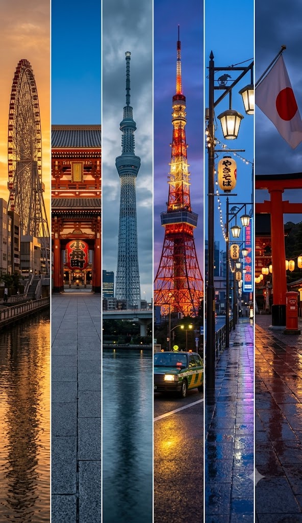 Create a cinematic 6-panel vertical collage travel poster of [COUNTRY N…