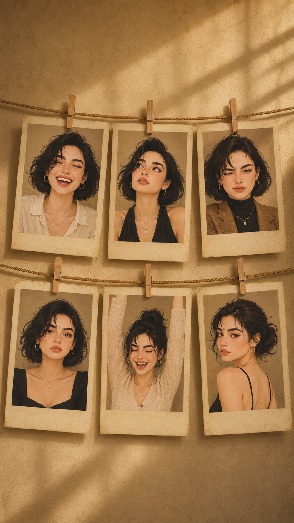 Create a warm vintage aesthetic collage featuring six Polaroid-style ph…