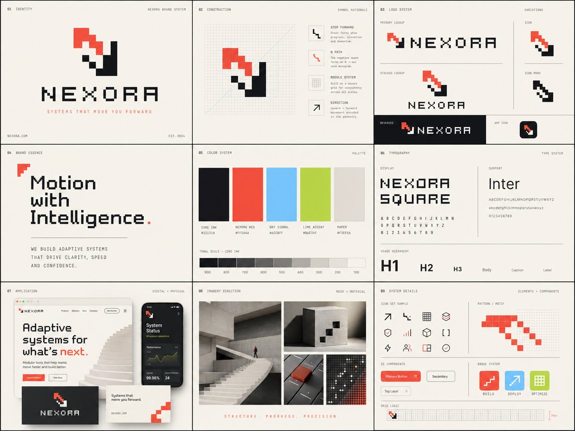 Create a premium 3×3 visual identity board for [BRAND NAME]. Brand stra…