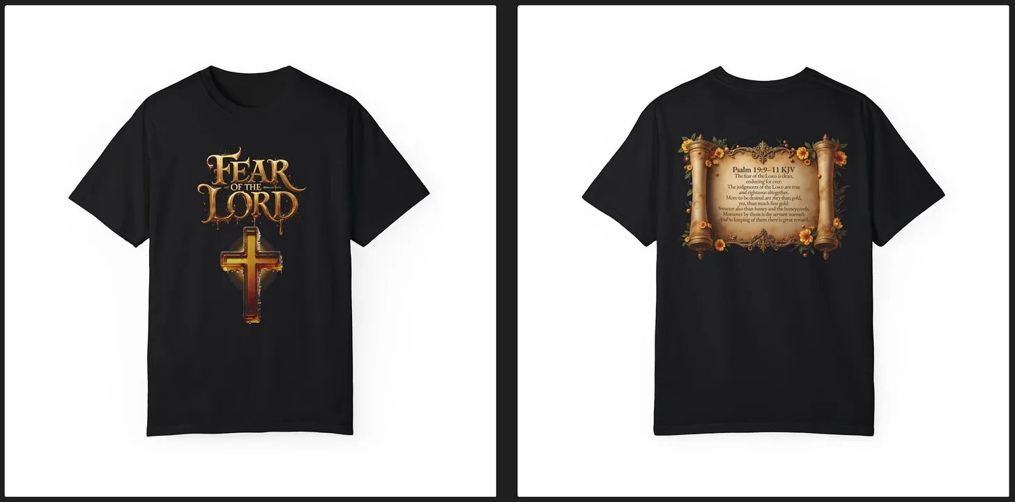 KJV Cards' front and back mockup of a black Christian t-shirt. The fron…