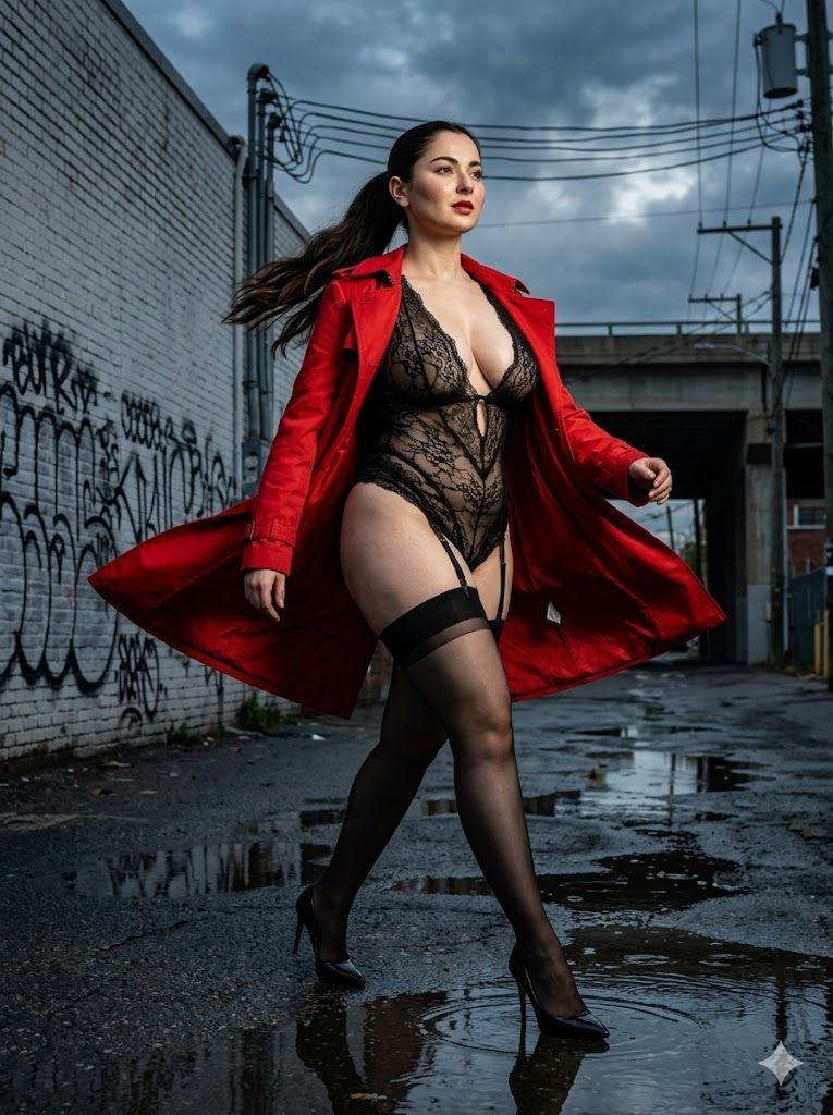 Photorealistic avant-garde editorial shot of a highly curvy 28-year-old…