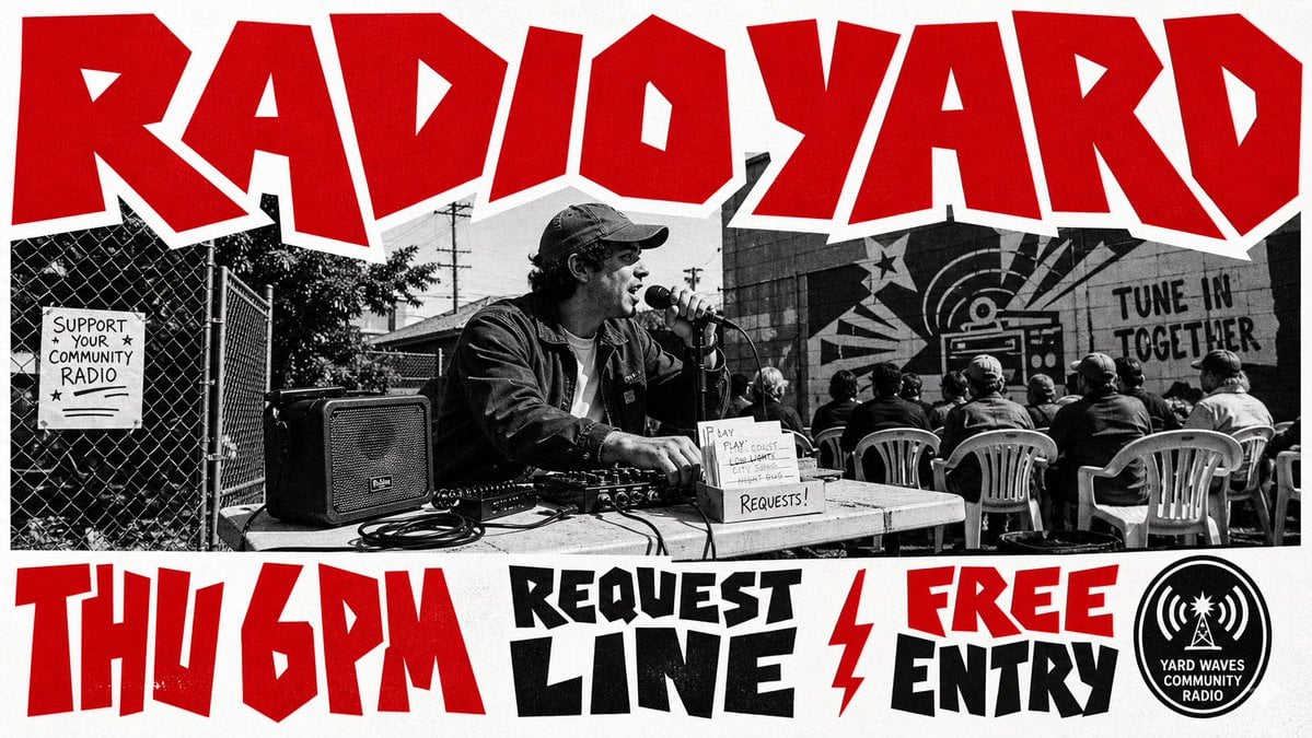 A 16:9 street event poster in a jagged red street-photo style: a centra…