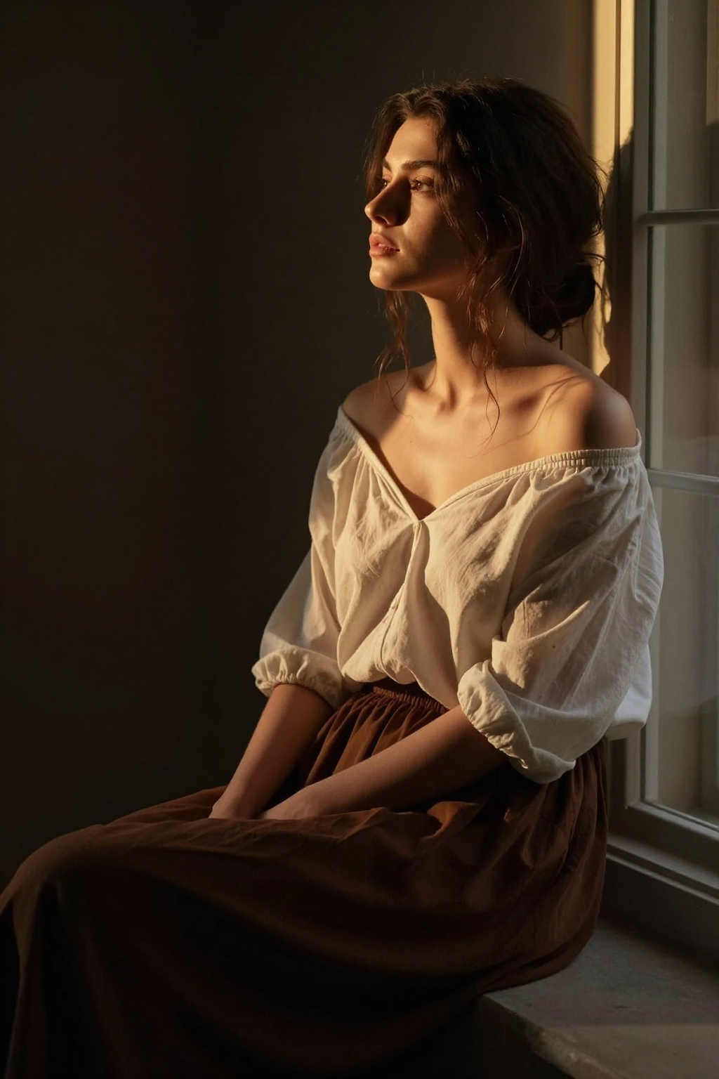 A classic artistic style of portrait a young woman with shoulder-length…