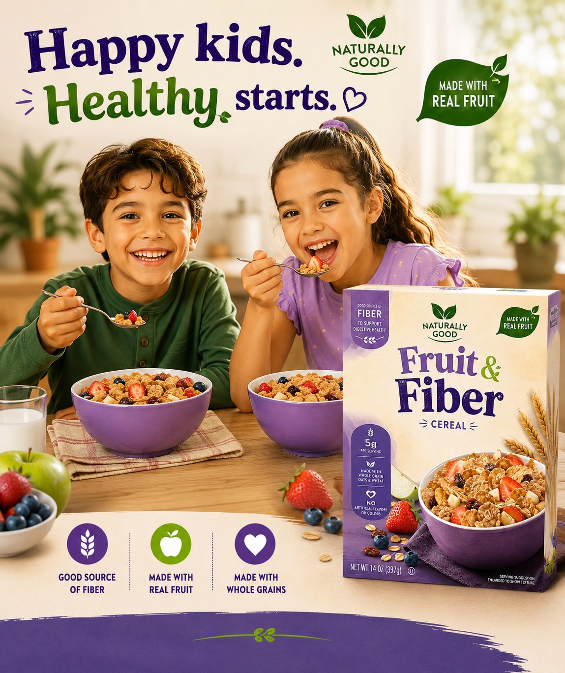 Create a premium, highly realistic cereal advertisement poster for “Fru…