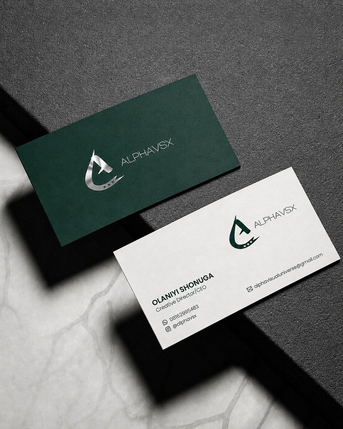 IMAGE 1 [ATTACH REFERENCE IMAGE — two business cards flat-laid on dark … 1