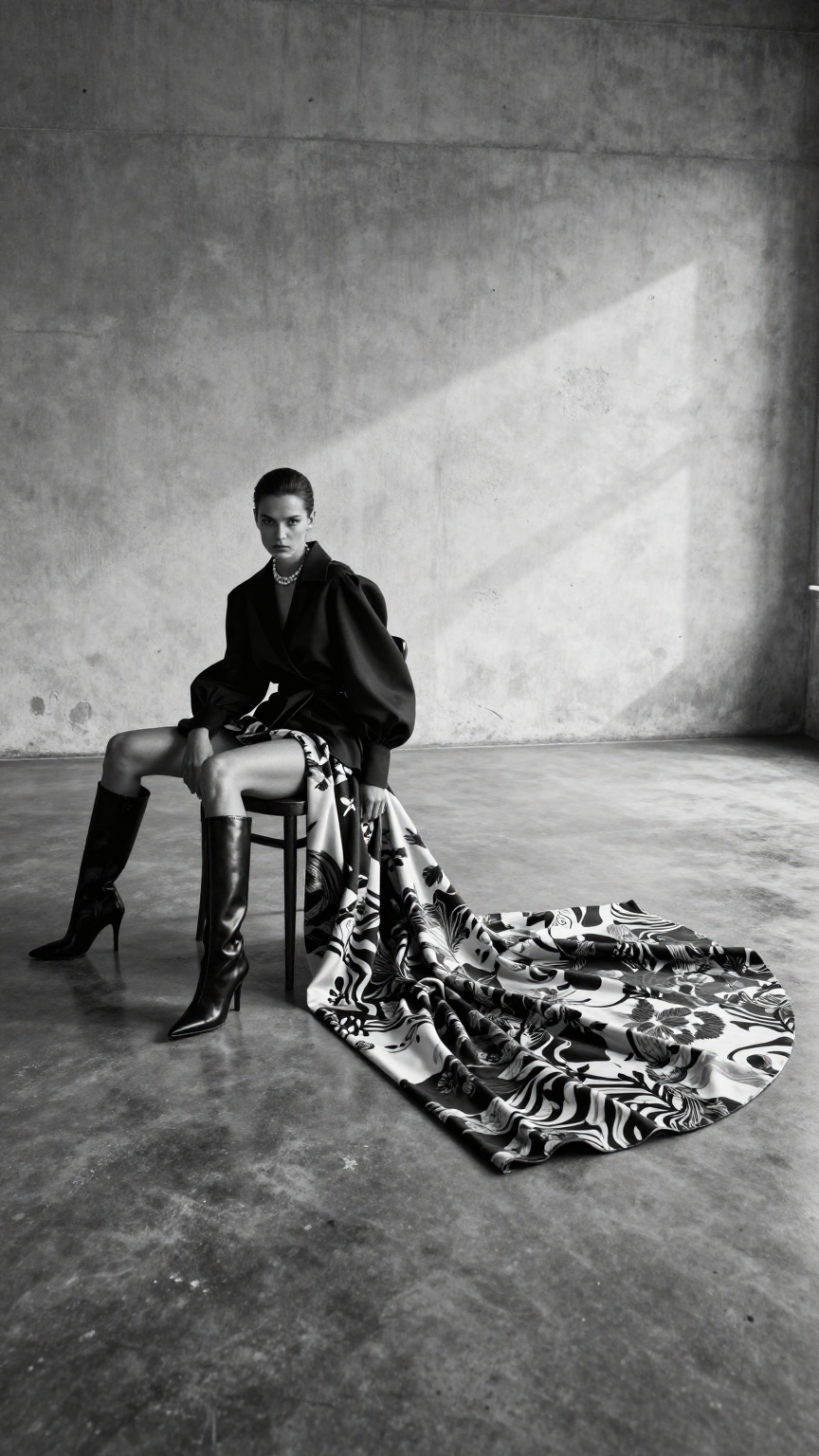 Create an ultra-realistic black-and-white high-fashion editorial photog…