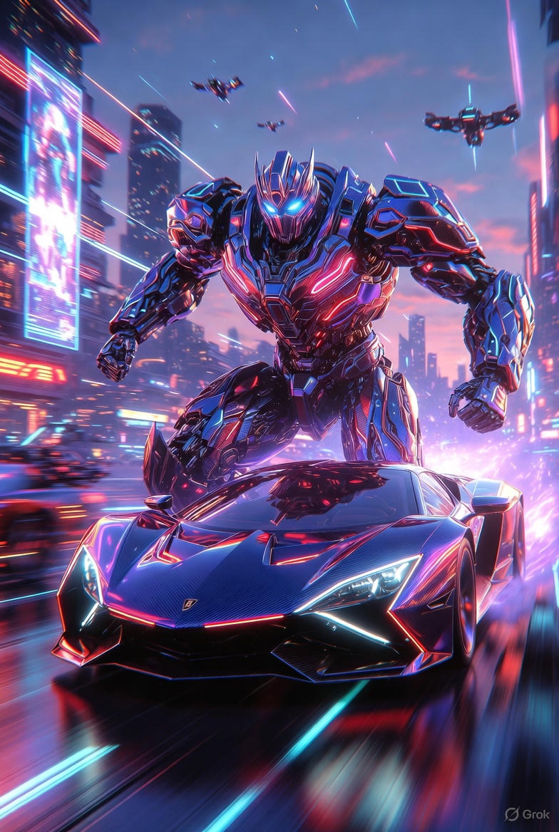 { "subject": { "primary_character": "Giant cybernetic mech warrior with…