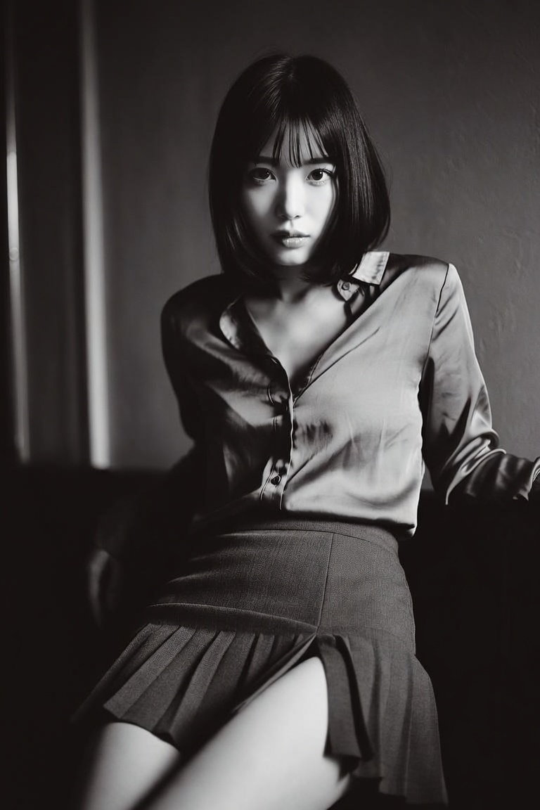A photorealistic editorial portrait of a 20-year-old Japanese or Korean…