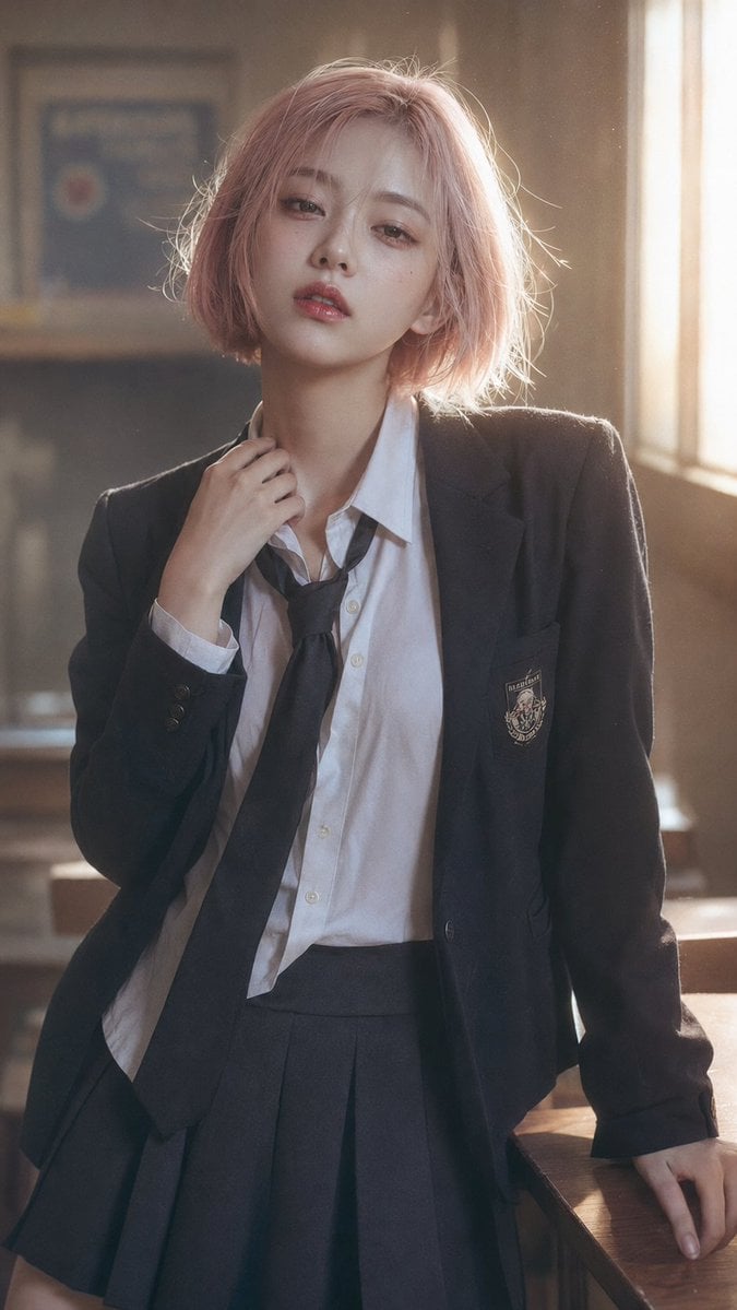 9:16 vertical composition, high-end Korean editorial campus portrait, C…