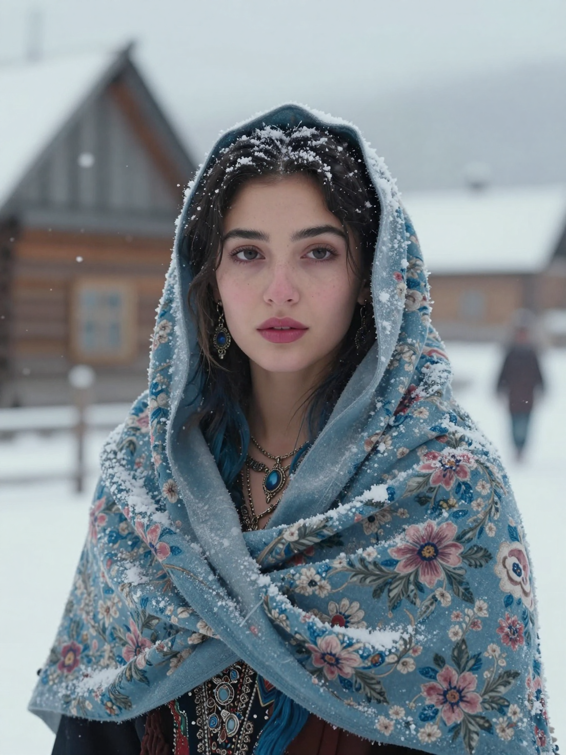 A cinematic portrait of a young Roma woman standing in a snowy village,…