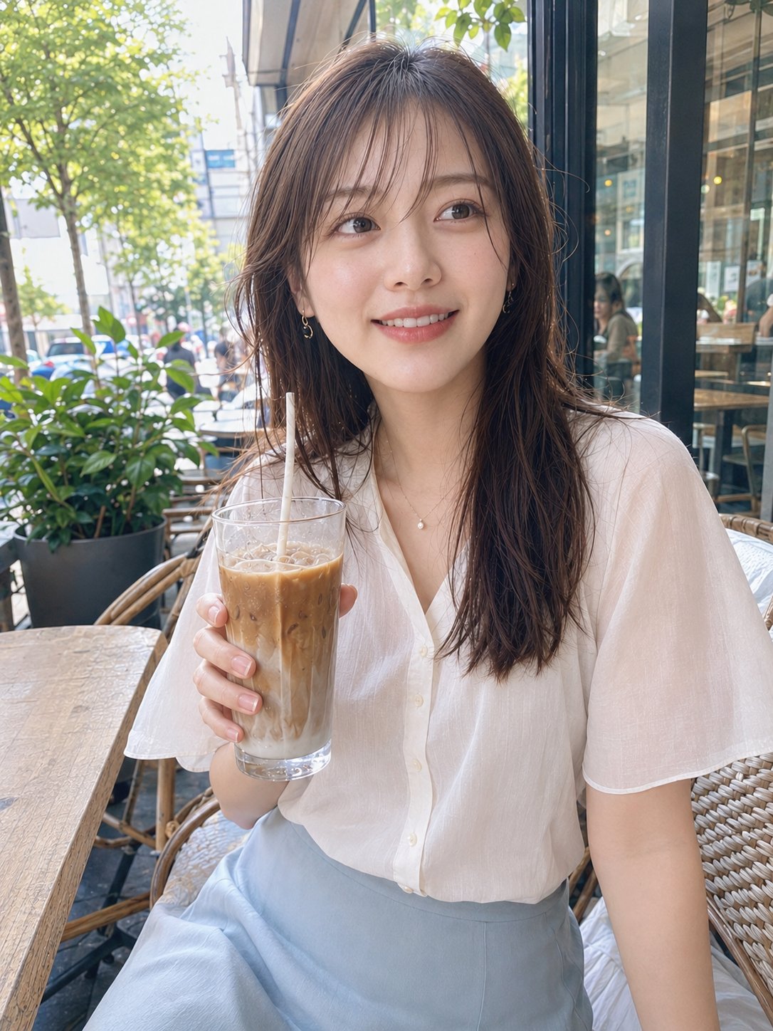 【プロンプト】 リアルな縦構図のiphone写真風。都会の落ち着いたカフェのテラス席で、昼間の自然光が入る明るい屋外寄りの空間で撮影された、2… 1