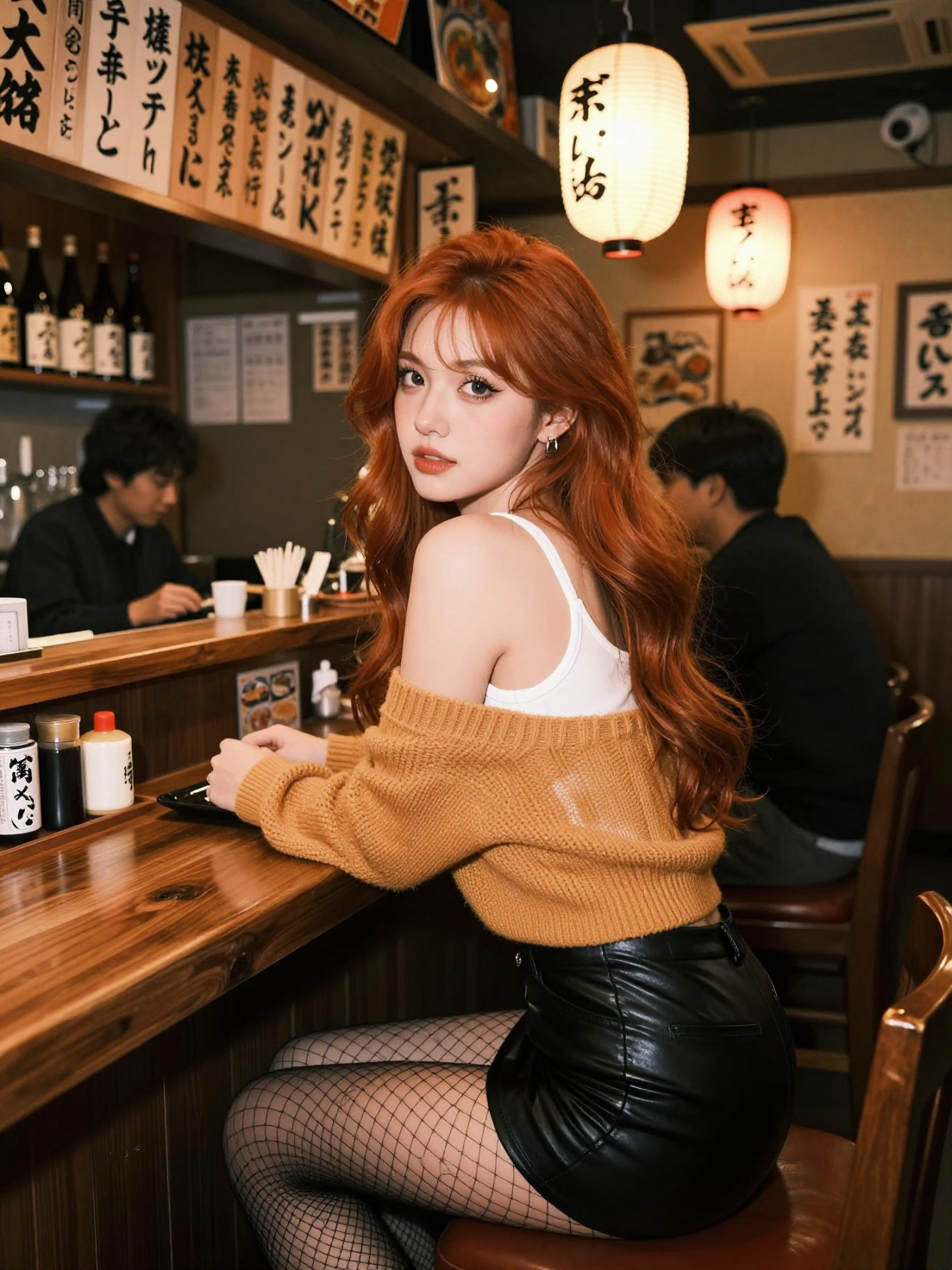 A beautiful young Irish female android with long honey red wavy hair an…