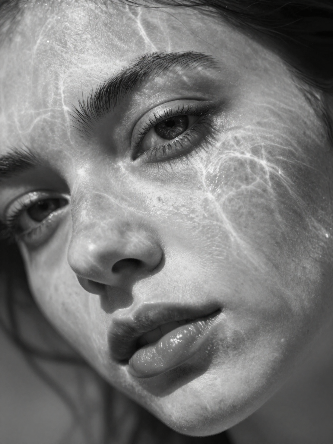A hyperrealistic 8K black and white extreme close-up portrait of a youn…