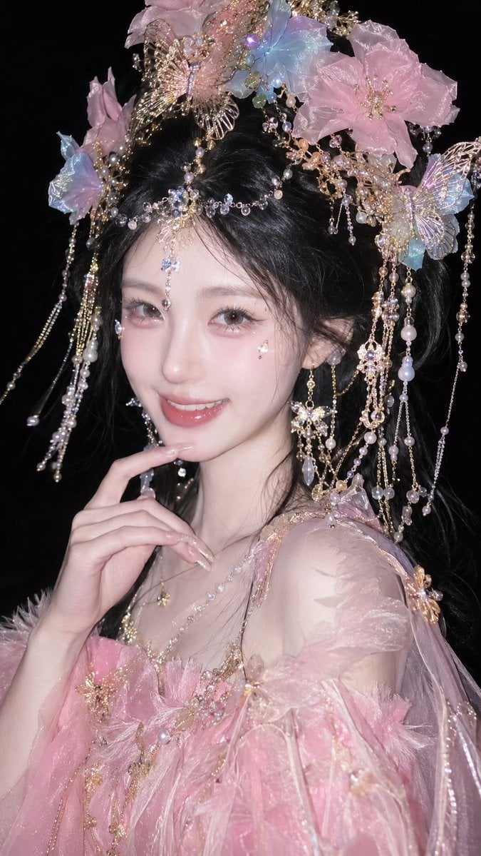 真人摄影，竖版9:16国风幻想写真，手机闪光灯近景半身肖像；年轻女性居中偏右，冷白到象牙白肤调，窄脸尖下巴、浅色美瞳、细长眼型，上眼睑略压低，…
