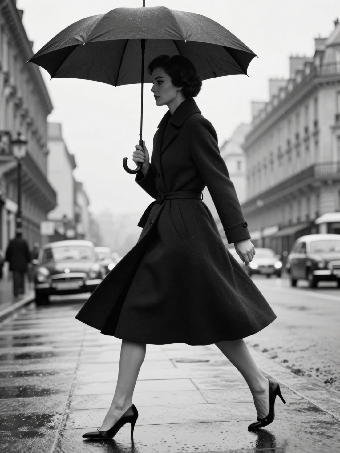Create a black-and-white high-fashion editorial street photograph inspi…