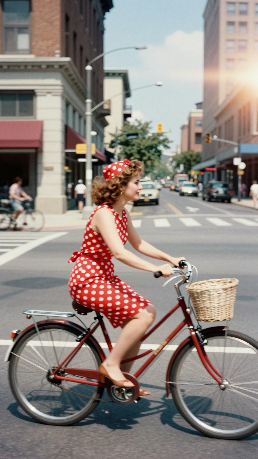 urban summer film photography, eye level composition, 1950 vibes, woman…