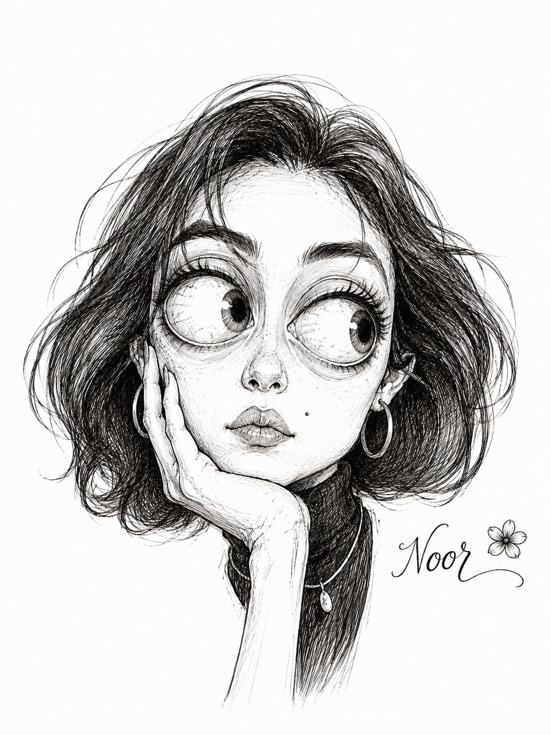 Exaggerated black and white pen ink caricature artistic portrait style