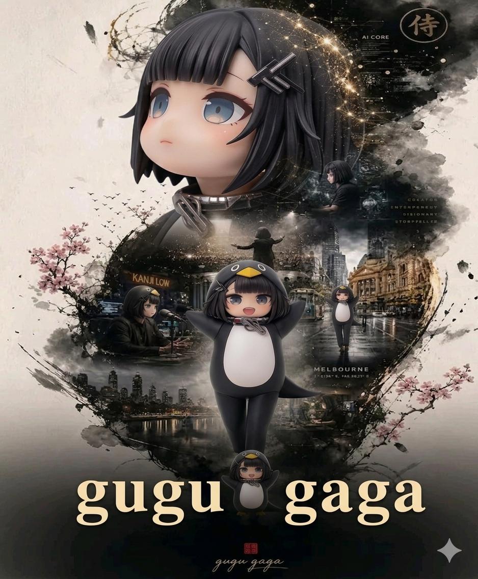 Cinematic movie poster titled “Gugu Gaga.” A stylized female character …