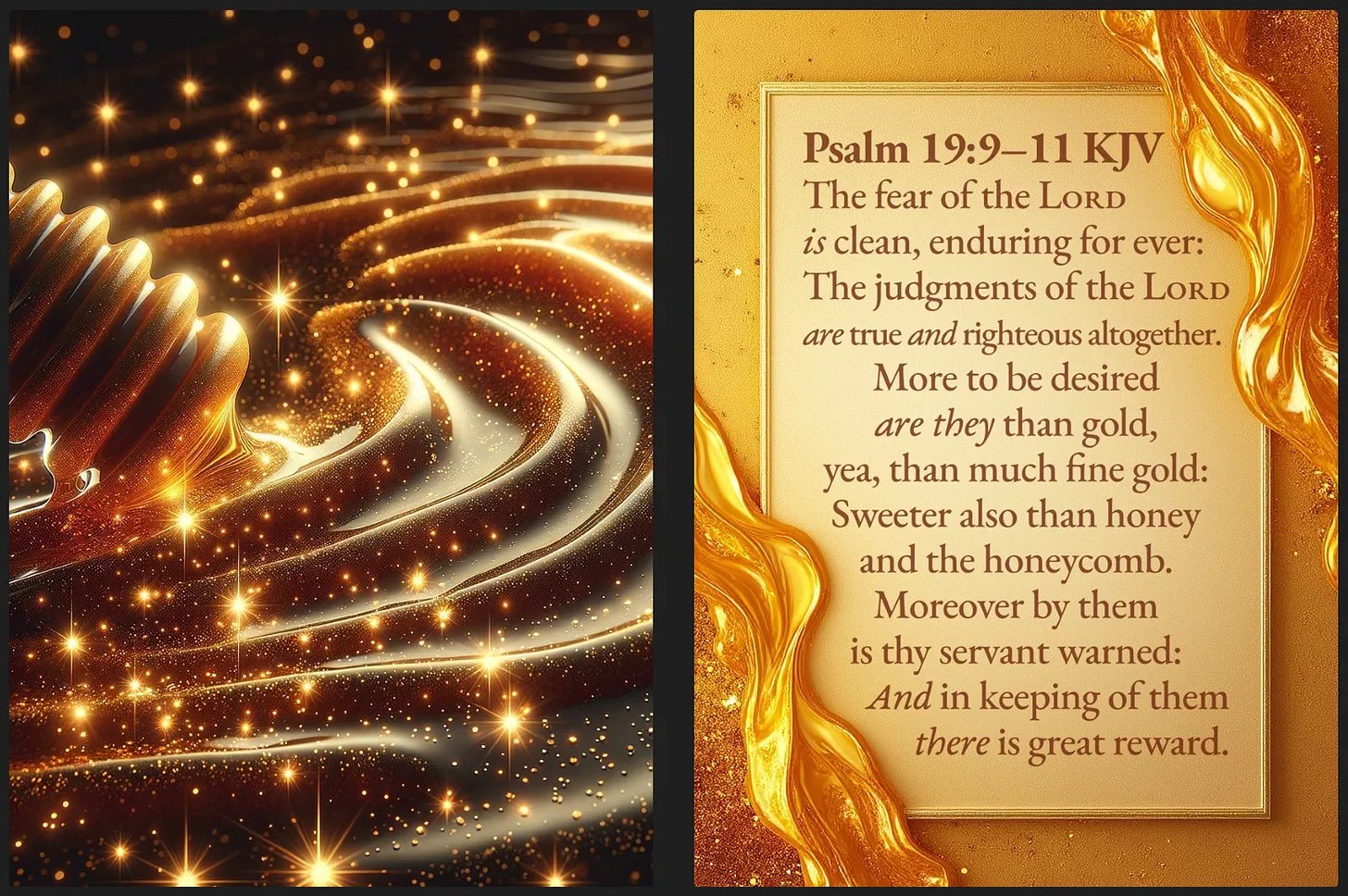 KJV Cards' image has two parts: the left side shows a honey dipper pour…