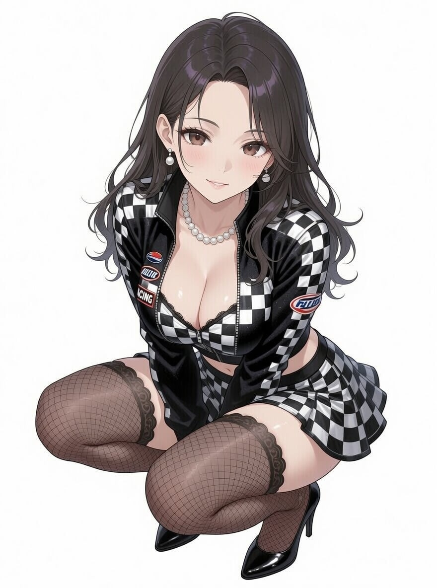 A stylish motorsport-inspired race queen outfit featuring a black and w…