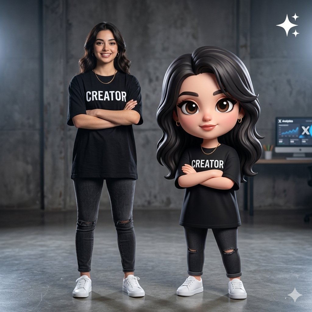 A high-end studio scene featuring two figures standing side-by-side: a …