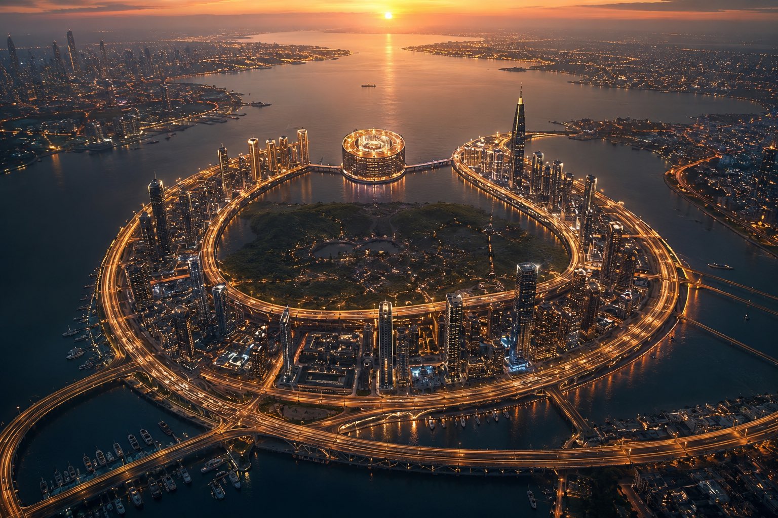 Create a cinematic futuristic aerial scene where the entire city is des…