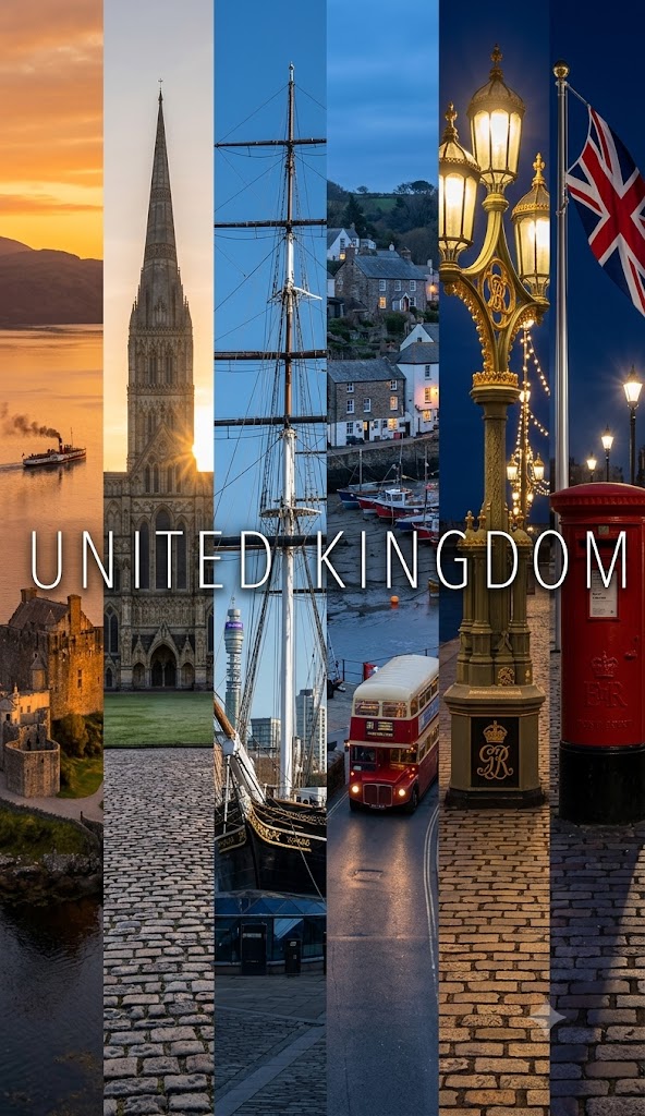 Create a cinematic 6-panel vertical collage travel poster of [COUNTRY N… 1