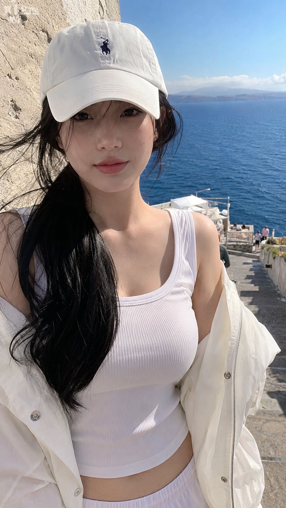 A real vertical smartphone travel snapshot of a young adult woman in he…