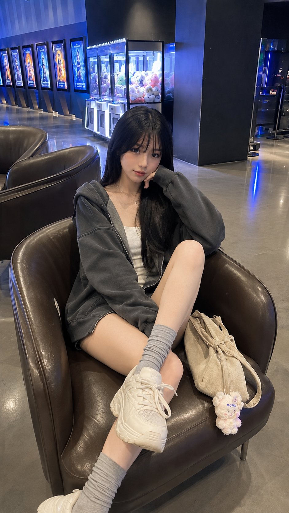 A young East Asian woman in her early 20s sits diagonally in a dark bro… 1