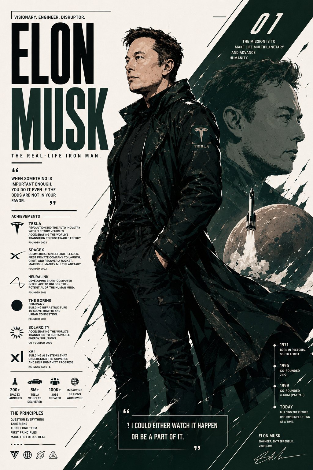 Ultra-detailed cinematic anime/manhwa style character poster of Elon Mu…