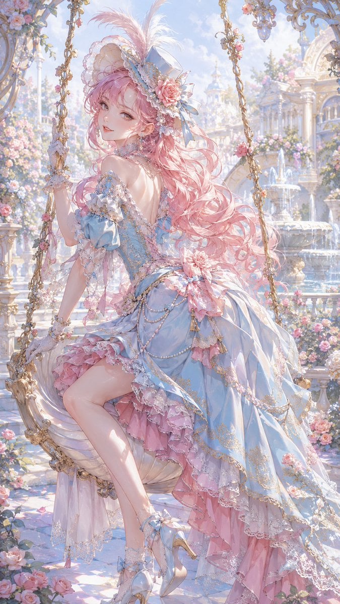 洛可可粉彩宫廷插画 原创成年二次元宫廷风偶像角色，粉金卷发，淡蓝与玫瑰粉礼服，羽毛小帽与珍珠短手套，神情轻快狡黠，坐在装饰花园的贝壳秋千上回头…
