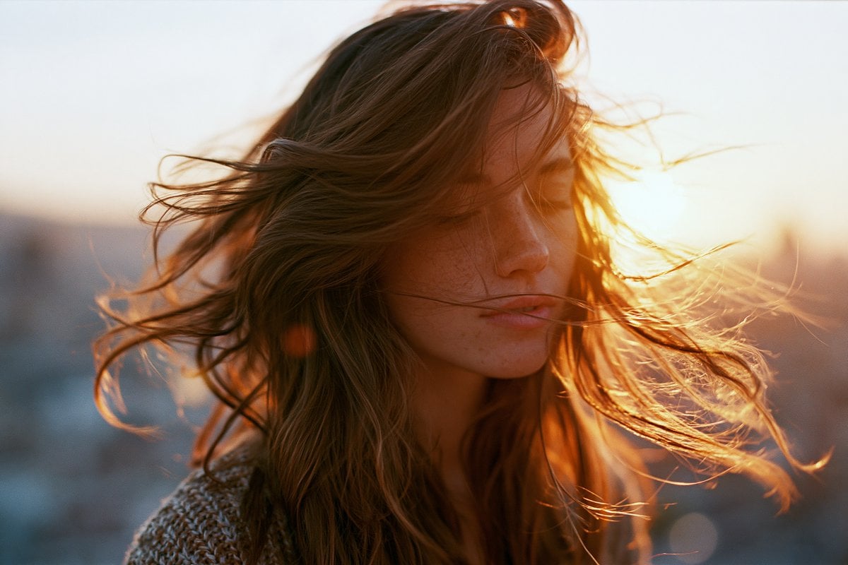 Photo of a woman's long hair blowing in the wind on a Barcelona rooftop…