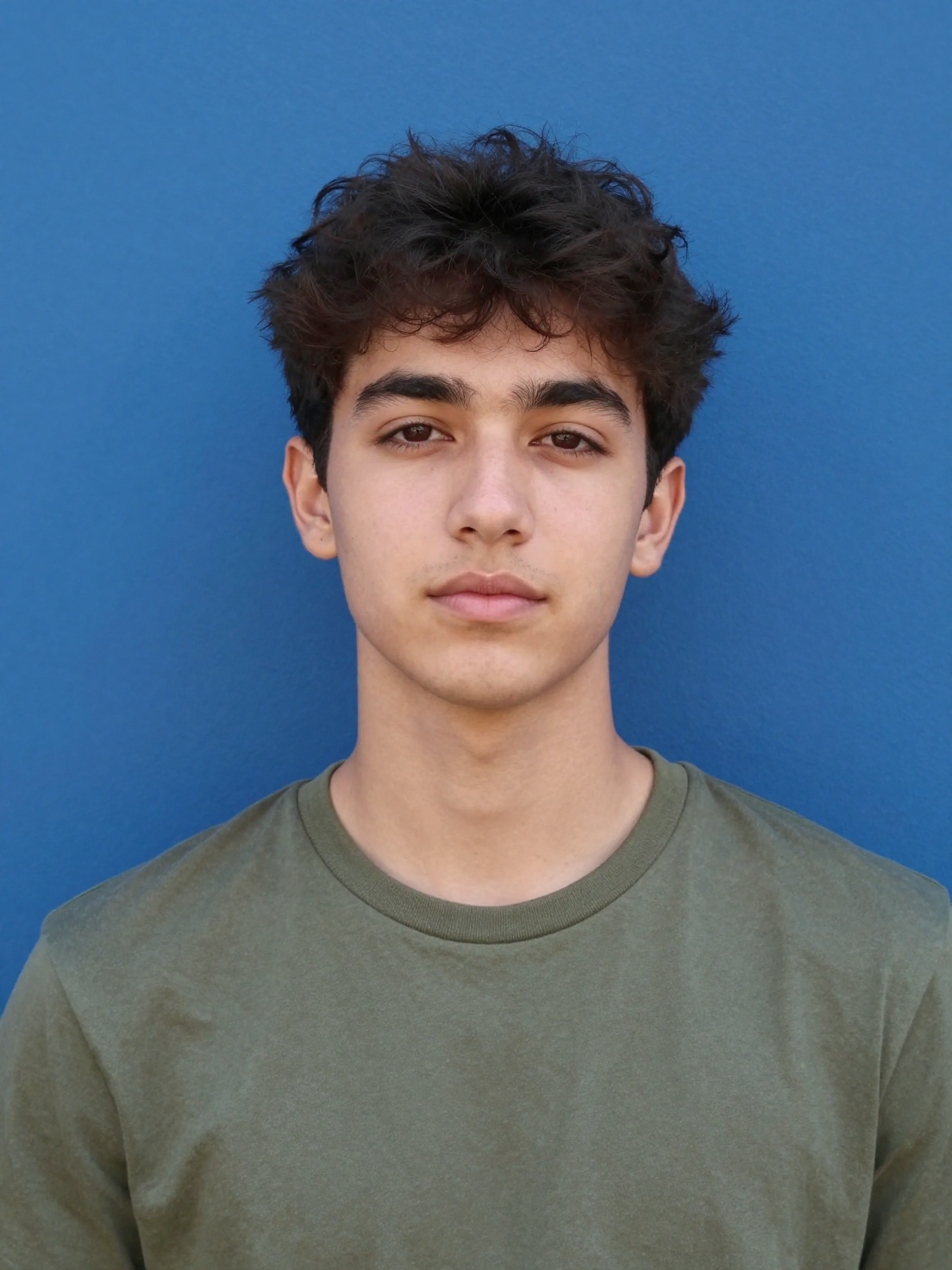 A young man with dark, textured hair poses for a centered portrait agai…