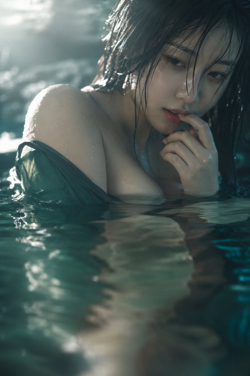 真人摄影、自然光水中近景肖像，竖幅低机位贴近水面，梦幻朦胧氛围，韩系美女，半倚在青绿色水中，脸部位于上方偏右，水面占据下半部形成前景反光与模糊…