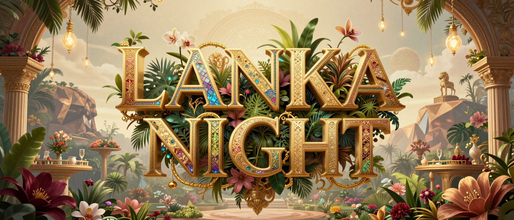 Lanka Night高端晚宴KV，21:9超宽画幅，梦幻插画艺术风格。画面中央漂浮巨大的立体艺术字体“LANKA NIGHT”，字体由黄金结…