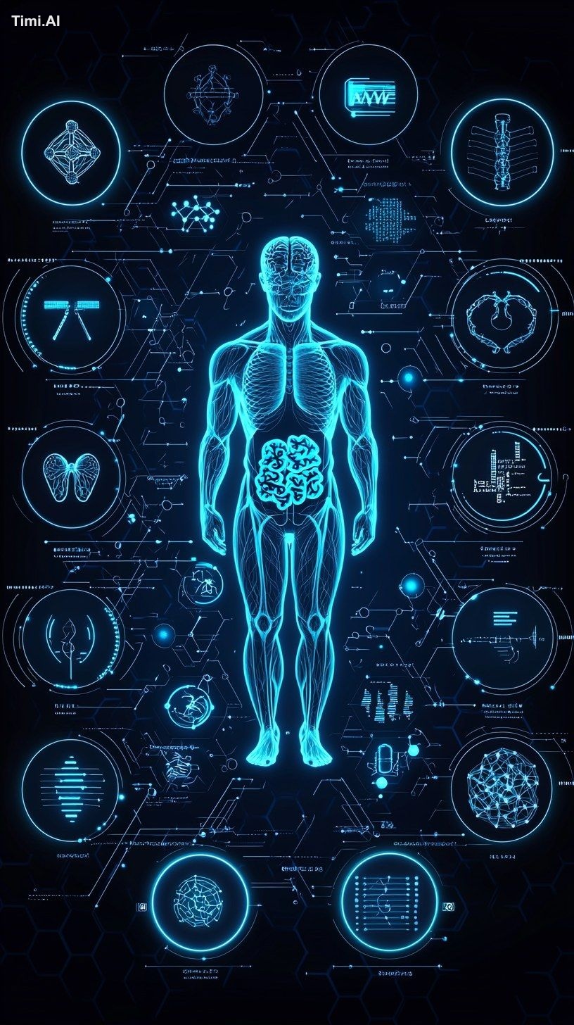 medical diagnostic interface visualization, central human figure silhou…