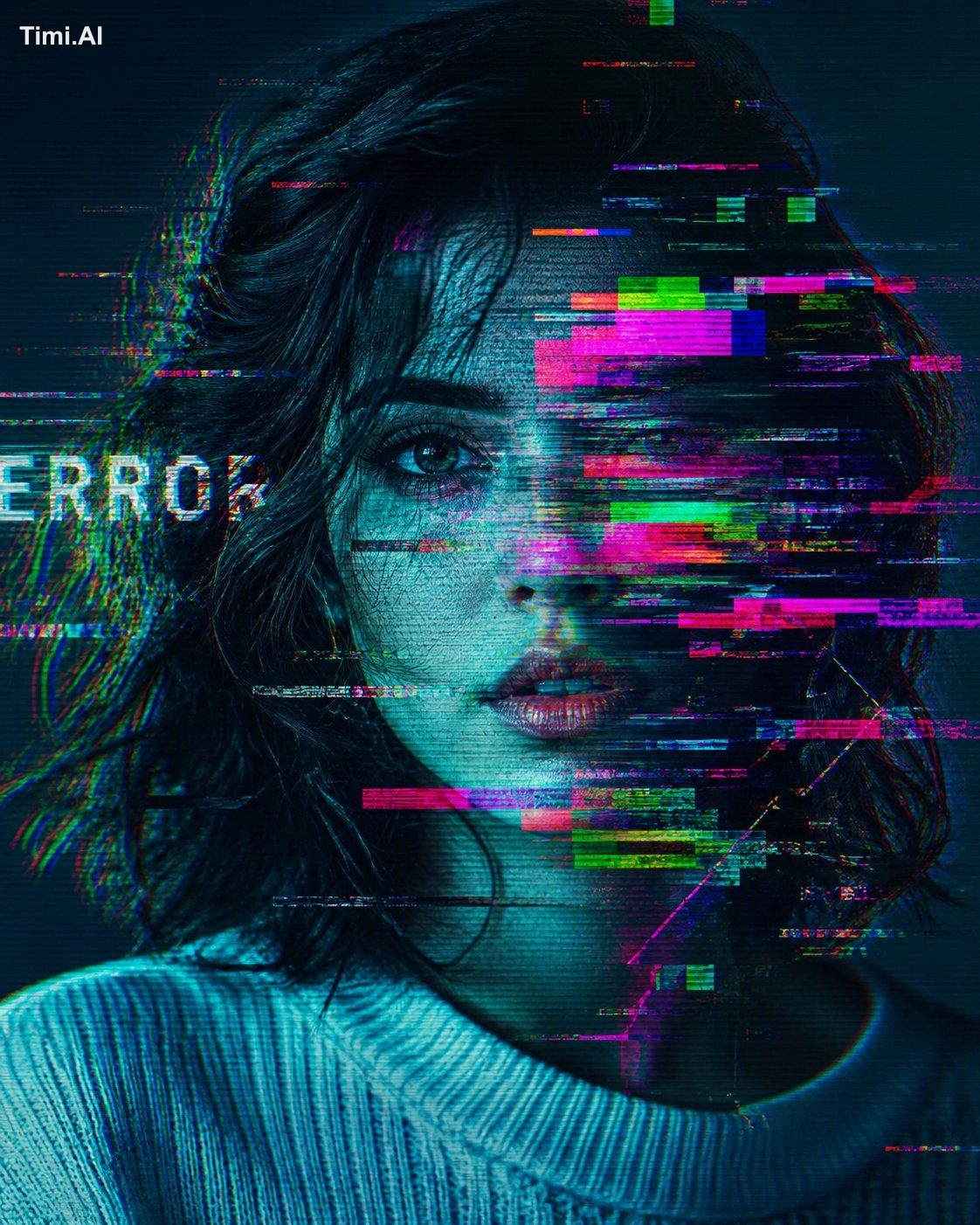 Extreme close-up glitch art portrait, tight crop on upper face, one eye…