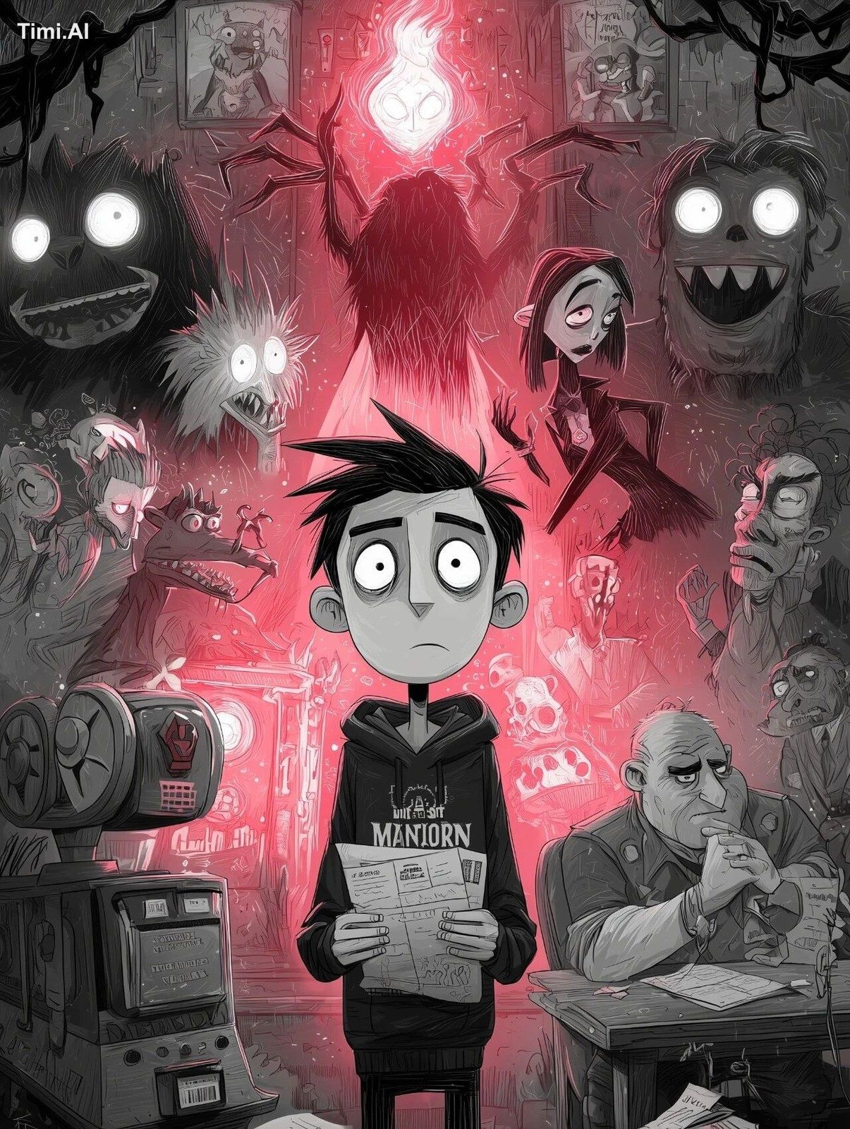 image in the style of the game "Don't Starve". Asian-American male in h…