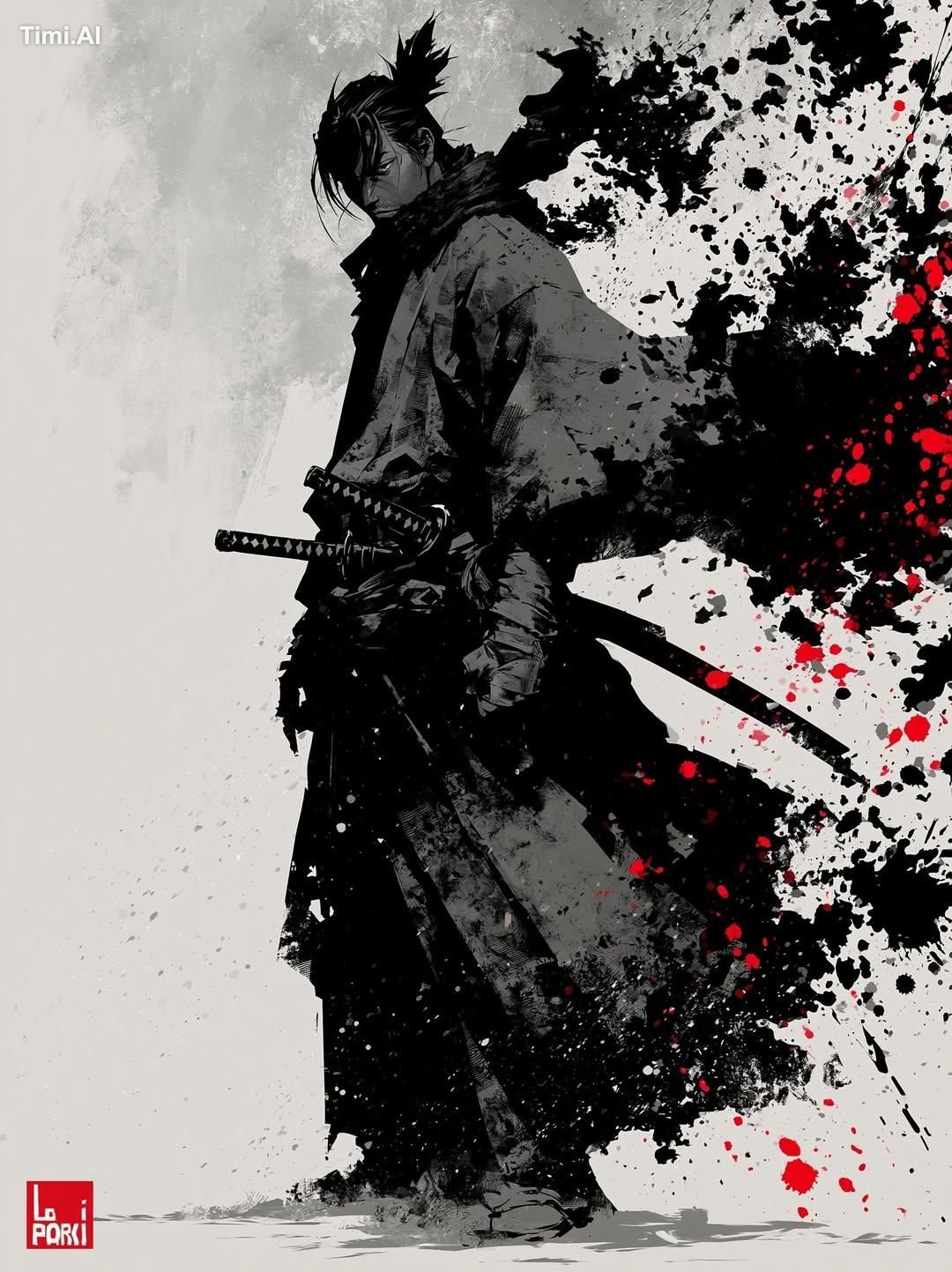 Japanese sumi-e ink wash painting style, traditional samurai warrior in… 2