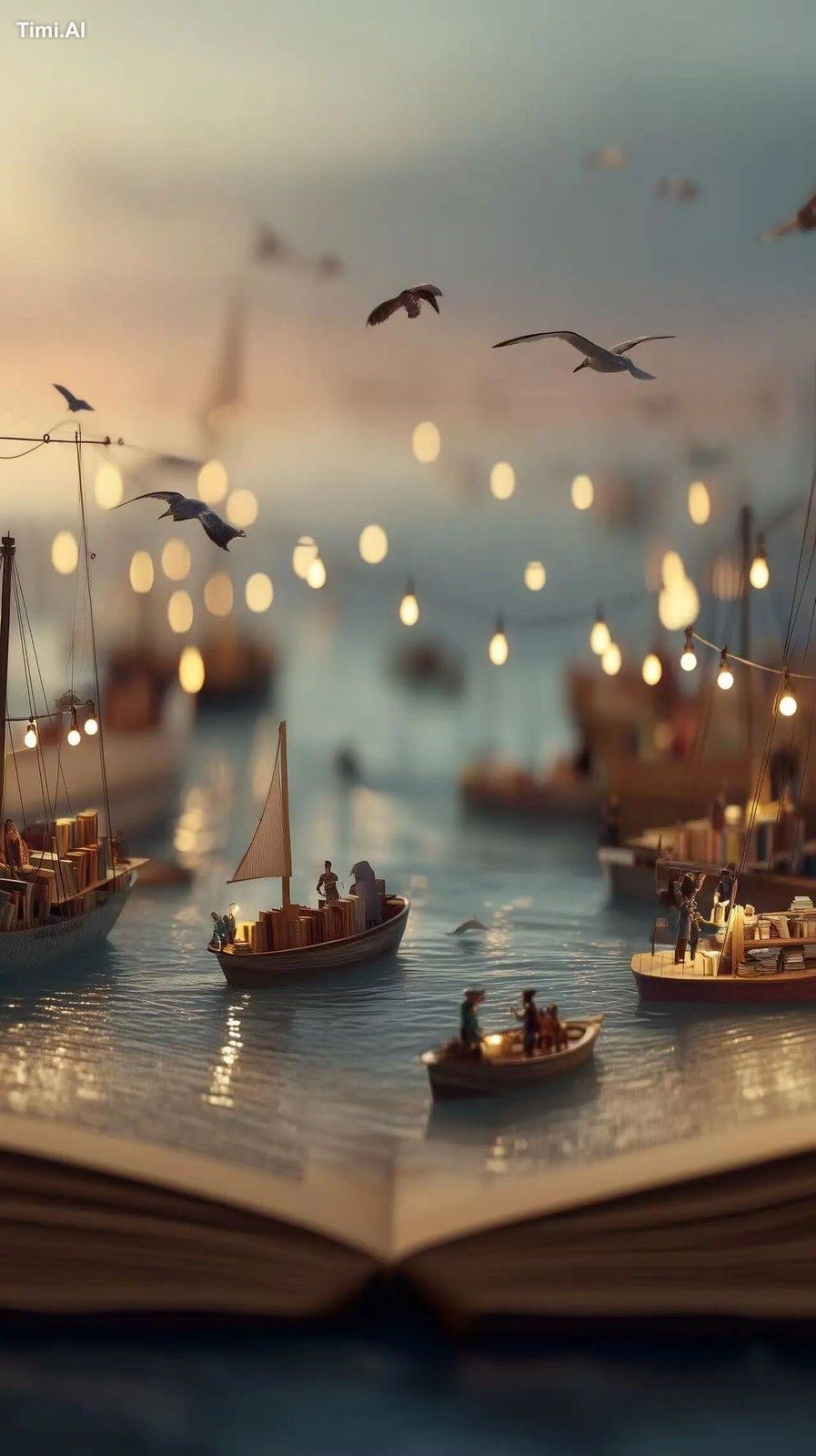 An open book turned into a floating seaside book market, with tiny boat…