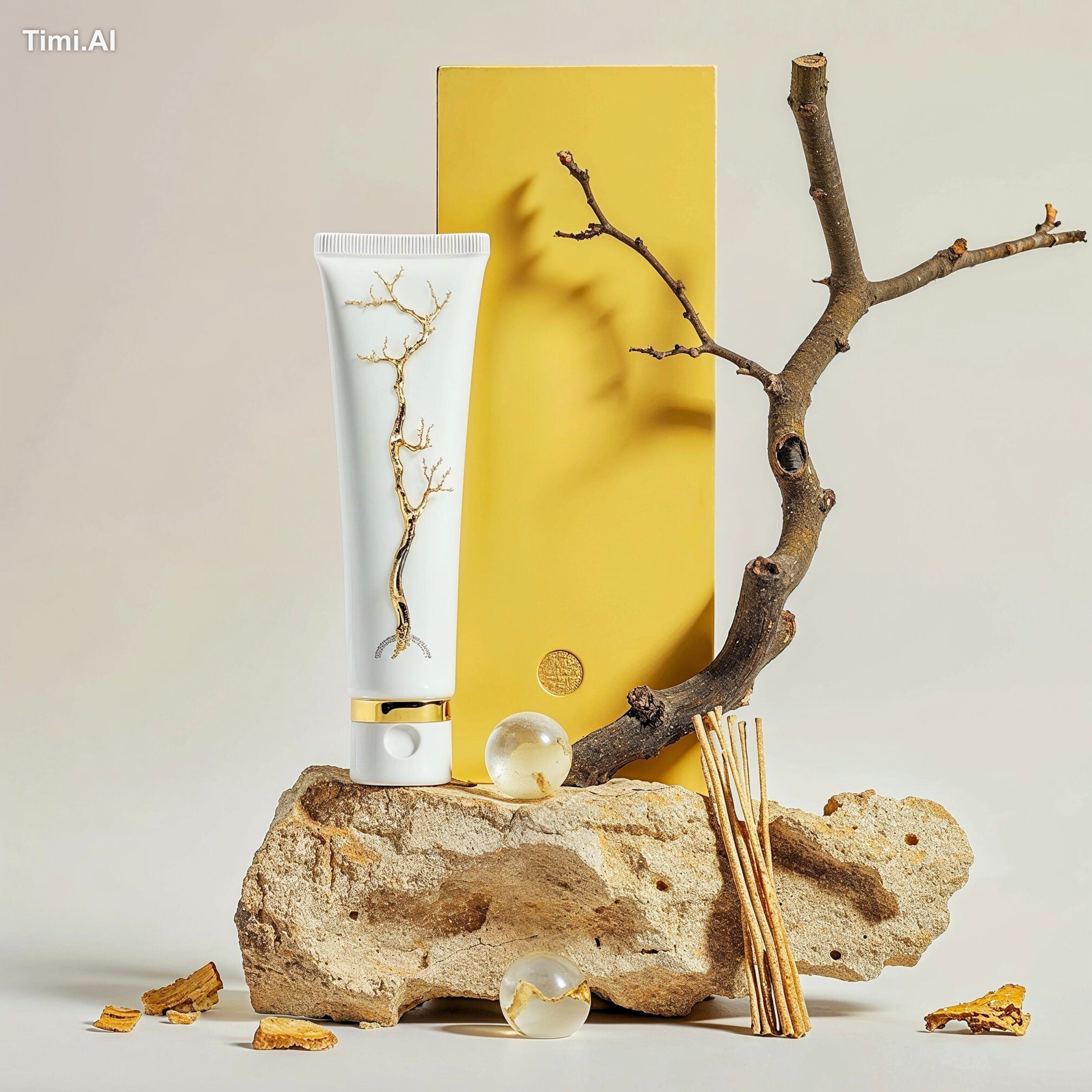 Cosmetic tube with a white cap and golden tree branch design, mustard y…